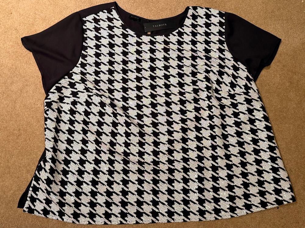 NWT Talots Woman 24W Black White Sequin Houndstooth Short Sleeve Blouse Top